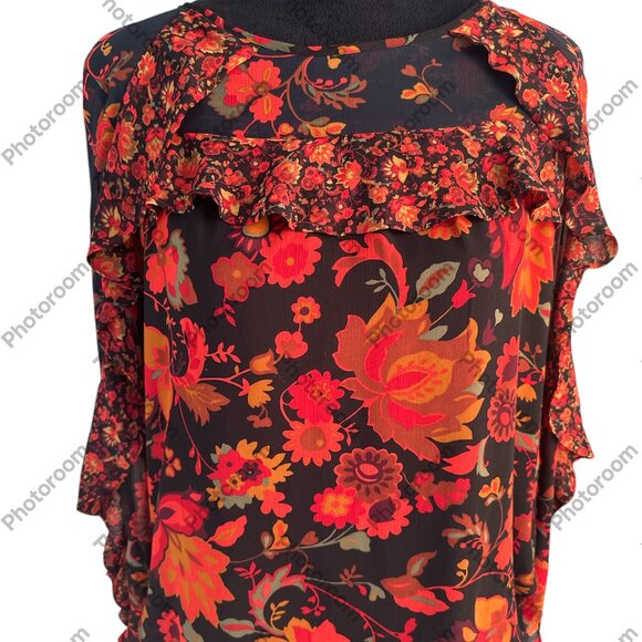 Loft Small Black & Red Floral Long Sleeve Sheer Lined Blouse - Picture 1 of 5